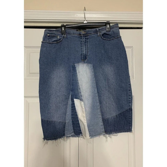 Ashley Stewart Patchwork Denim Raw Hem Plus Size Skirt 18W Boho Y2K Retro (O27) - Picture 3 of 9